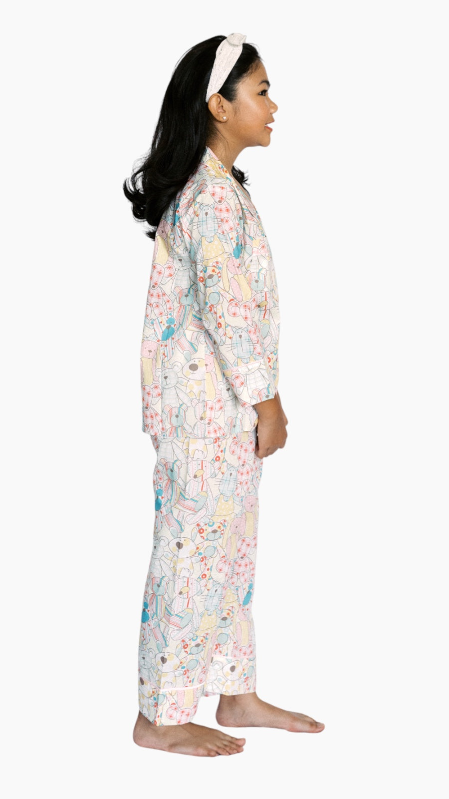 Girl wearing bunny print long PJ set
